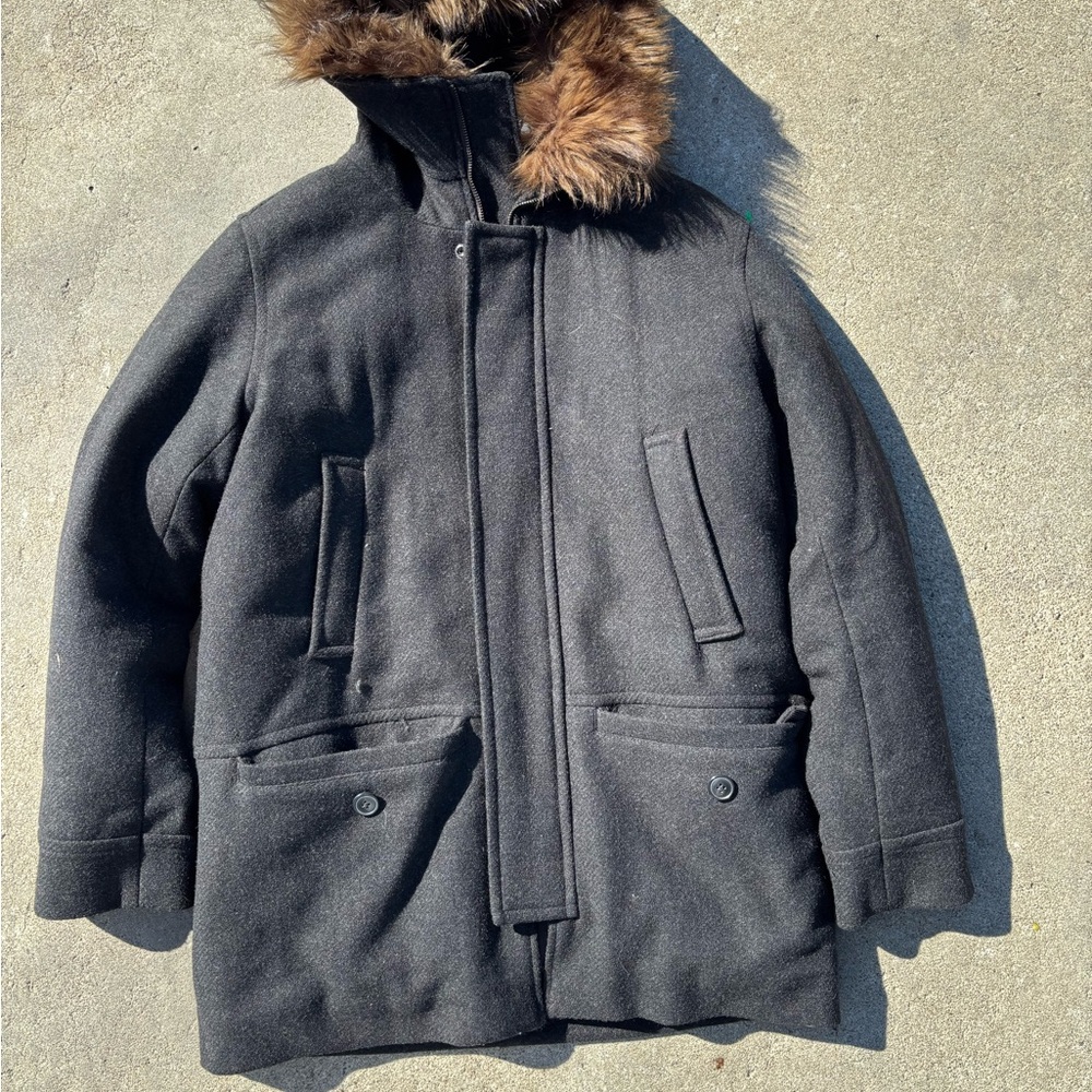 GAP Men's Black Pea Coat with Brown Fur Trim